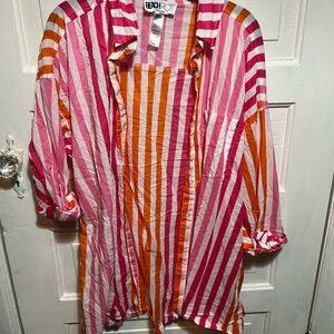 Beach Riot Pink and Orange Striped Shirt Swimsuit Coverup